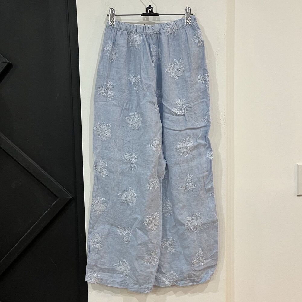 NWOT  Terzo Millennio Light Blue Wide Leg Linen Pants Embroidered Flowers Small - Picture 5 of 7